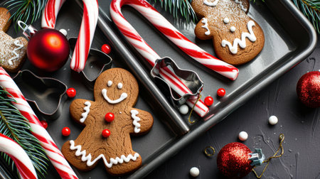 A delightful arrangement of gingerbread cookies shaped like cheerful figures, paired with striped candy canes, evokes the warmth and joy of holiday baking.の素材