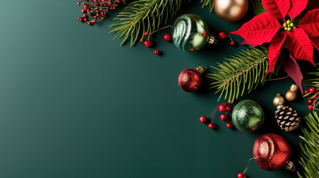 Delight in this beautiful arrangement of holiday elements featuring poinsettias, ornaments, and pine branches against a rich backdrop, perfect for celebrations.の素材