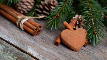 This rustic Christmas composition features cinnamon sticks, pine cones, and a heart-shaped cookie on a wooden background, creating a warm holiday ambiance.の素材