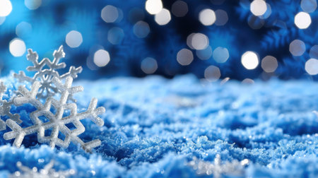 A stunning close-up of a delicate snowflake resting on a soft blue snowy surface, enhanced by bokeh lights creating a magical winter atmosphere.の素材