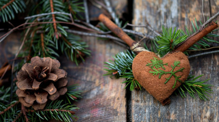This captivating image features a rustic heart ornament made from natural materials, adorned with pine cones and evergreen branches, set against a weathered wooden background. Perfect for highlighting the beauty of nature-inspired decor.の素材