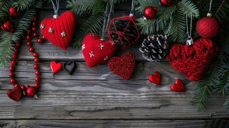 A charming arrangement featuring red hearts and ornaments on rustic wood with pine branches, perfect for celebrating love during festive occasions.の素材