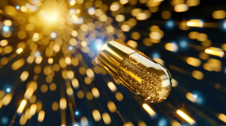 This stunning image features a golden capsule surrounded by a radiant burst of sparkling light, symbolizing health, innovation, and modern technology.の素材