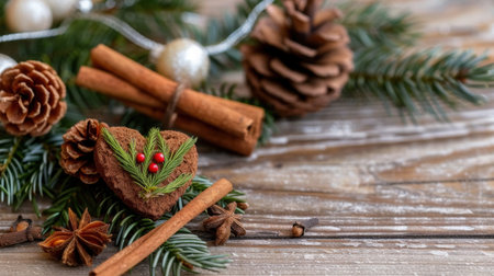 A charming festive arrangement featuring cinnamon sticks, pine cones, and seasonal decor on a rustic wooden surface, perfect for holiday themes.の素材