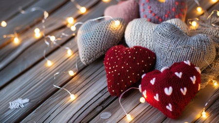 This charming image features cozy knitted heart decorations in warm tones, illuminated by soft lights. Ideal for romantic occasions and festive celebrations.の素材