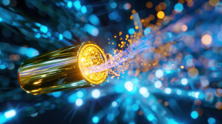 A striking visual featuring a golden bullet ejecting vibrant sparks against a dynamic, high-tech background. This abstract design captures the essence of energy and creativity, making it ideal for modern and futuristic projects.の素材