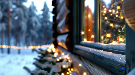 A serene winter scene featuring a cozy cabin window adorned with snow and glimmering Christmas lights, nestled in a tranquil forest setting.の素材