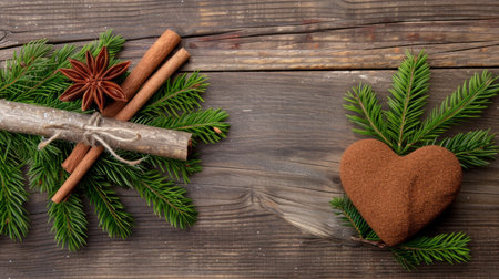 This charming holiday decor features natural elements like pine greenery, cinnamon sticks, and a heart-shaped object, perfect for festive celebrations.の素材