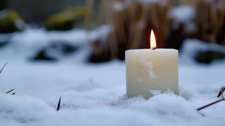 A beautiful white candle burns softly on a blanket of snow, creating a serene atmosphere in nature. The warm glow contrasts with the cold winter landscape.の素材