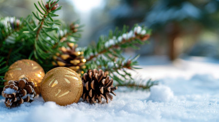 A beautiful winter scene featuring golden ornaments and pinecones nestled in fresh snow, framed by evergreen branches, creating a festive atmosphere.の素材