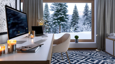 A cozy modern workspace featuring a large window with a picturesque snowy view. The interior combines stylish decor with natural light, creating a peaceful atmosphere.の素材