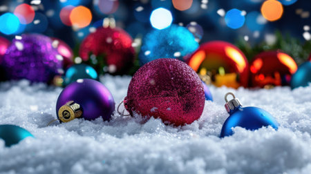 A vibrant arrangement of colorful Christmas ornaments resting on a snowy surface, complemented by a backdrop of soft, blurred lights creating a festive atmosphere.の素材