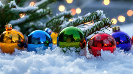 A vibrant display of colorful Christmas ornaments resting on fresh snow, surrounded by evergreen branches and soft bokeh lights in the background.の素材