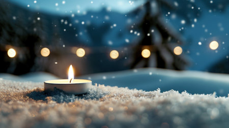 A serene winter scene featuring a candle flame glowing on pristine snow. Soft bokeh lights twinkle in the background, creating a magical atmosphere.の素材