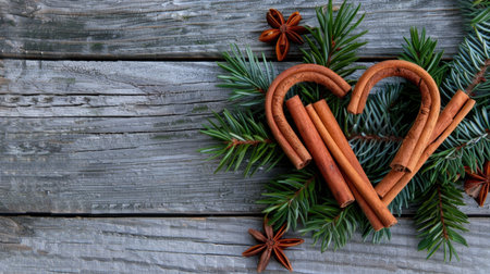 A charming arrangement of cinnamon sticks and evergreen foliage shaped into a heart on a weathered wooden surface, evoking warmth and love.の素材