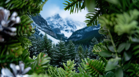 A stunning winter landscape showcasing majestic snow-covered mountains framed by vibrant evergreen trees, creating a serene and tranquil atmosphere.の素材