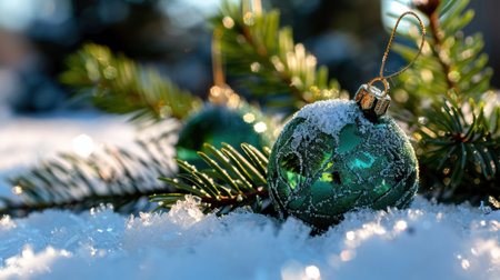 A serene winter scene featuring vibrant green Christmas ornaments nestled in fresh snow alongside delicate pine branches, capturing the essence of the festive season.の素材