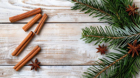 A beautiful arrangement of cinnamon sticks and evergreen sprigs on a rustic wooden surface, evoking warmth and seasonal charm perfect for culinary creations.の素材