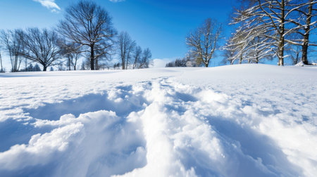 This vibrant winter landscape showcases a blanket of fresh snow covering the ground, creating a serene and tranquil scene with bare trees under a clear blue sky.の素材