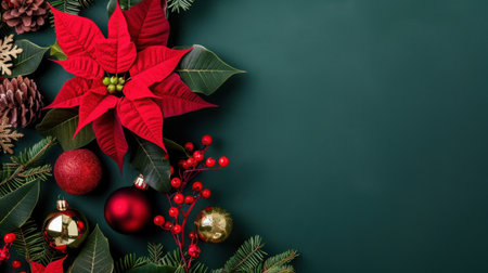 A beautiful holiday arrangement featuring vibrant red poinsettia leaves, shiny ornaments, pine cones, and berries on a rich green background perfect for festive themes.の素材
