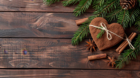 This image features a rustic heart-shaped cookie tied with twine, surrounded by pine branches and cinnamon sticks on a wooden table, evoking warmth.の素材