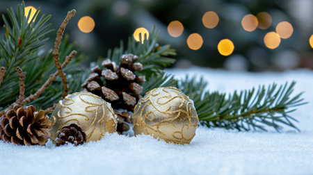 Discover the beauty of the holiday season with this elegant image of golden Christmas ornaments nestled among pine cones and evergreen branches on a snowy landscape.の素材