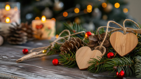 A beautiful rustic Christmas decoration showcasing wooden hearts and pinecones surrounded by greenery, warm candlelight enhancing the cozy atmosphere.の素材