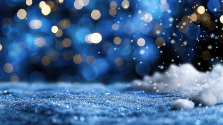 This enchanting winter scene features delicate snowflakes on a blue background enhanced by soft bokeh lights. Perfect for seasonal designs, decor, or photography.の素材