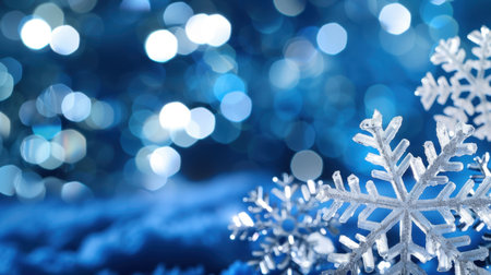 This enchanting image features intricate snowflakes resting on a soft blue background, complemented by a vibrant bokeh effect, ideal for winter themes.の素材