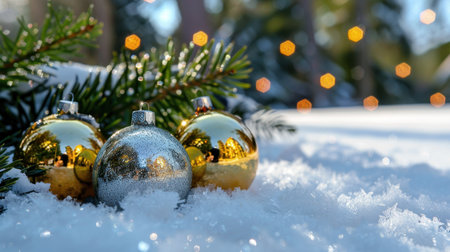 A captivating scene depicting three shiny Christmas ornaments nestled in fresh snow, complemented by a green pine branch and warm bokeh lights, creating a festive atmosphere.の素材