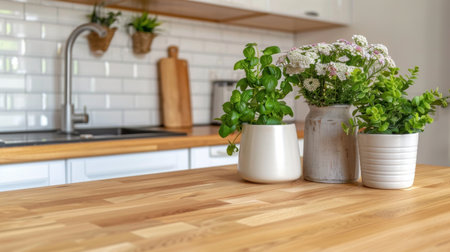 A charming kitchen scene showcasing fresh herbs and delicate flowers in white pots on a polished wooden table, radiating a modern and inviting atmosphere perfect for culinary creativity.の素材