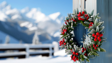 A stunning frosted Christmas wreath adorned with red berries is prominently displayed against a backdrop of snowy mountains, encapsulating the beauty of winter.の素材