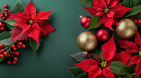 A beautiful arrangement featuring vibrant red poinsettias alongside shiny gold and red ornaments, perfect for holiday decoration and celebrations.の素材