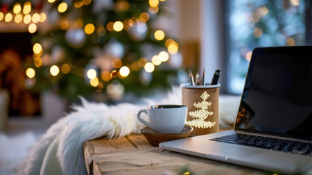 A cozy festive workspace featuring a laptop, warm drink, and Christmas decorations, creating a peaceful and inviting holiday atmosphere for productivity.の素材