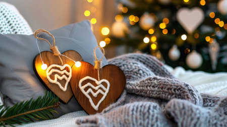 A cozy holiday scene showcasing decorative wooden hearts intertwined with glowing lights, set against a soft knitted blanket and a festive tree backdrop, evoking warmth and romance.の素材