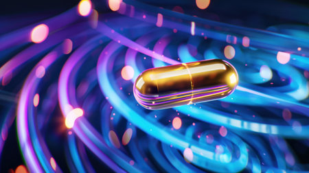 This captivating image features a golden capsule elegantly suspended in a dynamic swirl of colorful lights, symbolizing energy and health innovation.の素材