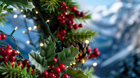 This beautiful image captures the essence of the holiday season, featuring vibrant holly berries adorned with fairy lights set against a serene winter landscape.の素材