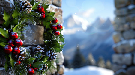 A beautiful festive wreath adorned with red berries and pine cones is seen on a stone wall, with snowy mountains and soft bokeh in the background.の素材