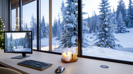 A cozy workspace featuring a computer desk adorned with candles, overlooking a serene winter landscape through large windows filled with snow.の素材