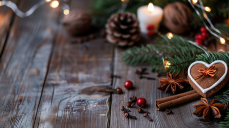 A captivating holiday scene featuring a gingerbread heart placed among fir branches, pine cones, and warm candlelight, evoking festive cheer and warmth.の素材