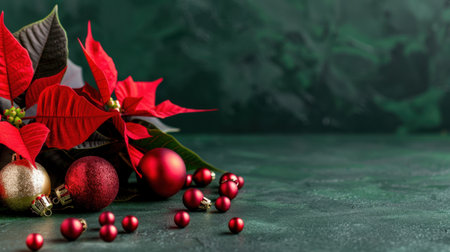 A charming festive arrangement featuring vibrant red poinsettias and a variety of shiny Christmas ornaments against a rich green backdrop, perfect for holiday decor.の素材