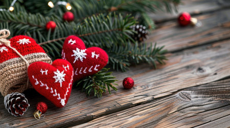 This charming image showcases beautiful handmade red hearts surrounded by pine branches and festive ornaments, creating a cozy holiday atmosphere.の素材