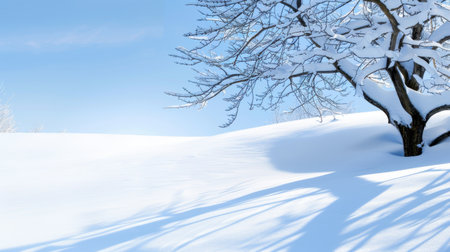A serene winter landscape featuring a snow-covered ground and a bare tree casts gentle shadows under a clear blue sky, evoking tranquility and beauty.の素材