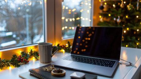 A cozy winter workspace showcasing a laptop next to a warm coffee mug and beautiful decorations by the window. Soft holiday lights create a festive ambiance.の素材