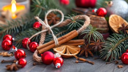 A beautiful festive arrangement featuring cinnamon sticks, dried oranges, and red ornaments on a wooden surface, perfect for holiday celebrations.の素材