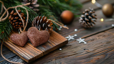 This charming holiday scene features gingerbread hearts and pine cones arranged on a wooden surface, enhanced by greenery and delicate decorations.の素材