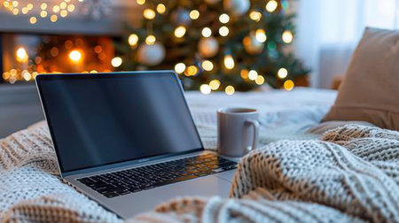 A serene workspace with a laptop and a warm mug sits beside a beautifully decorated Christmas tree, creating a cozy atmosphere perfect for the holiday season.の素材