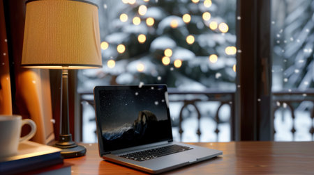 A cozy home office scene featuring a laptop on a wooden desk, a warm lamp, and a snowy winter background through the window, creating a serene atmosphere.の素材