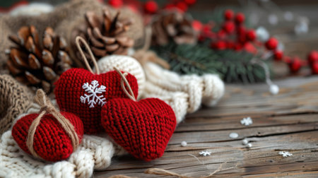 This image features cozy red knitted hearts alongside pine cones on a rustic wooden surface, creating a warm atmosphere for holiday decor and celebration.の素材