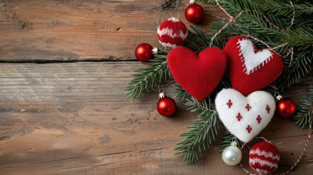 A beautiful arrangement of heart-shaped ornaments in red and white, nestled among pine branches on a rustic wooden background, capturing the warmth of the festive season.の素材
